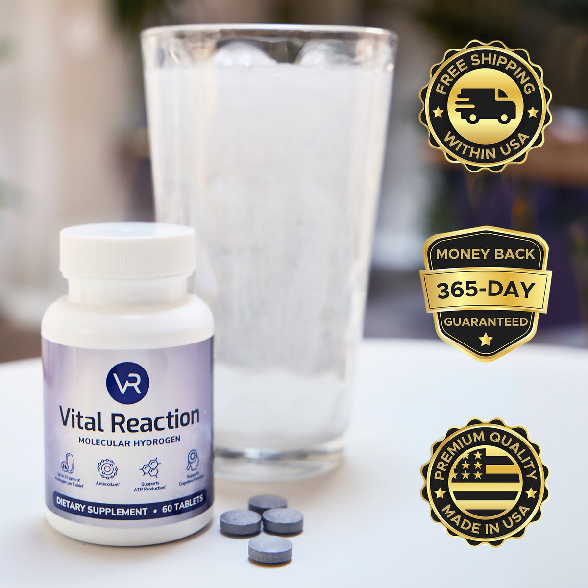 vital reaction molecular hydrogen tablets, a glass with a dissolving tablet, and badges for free shipping, money back guarantee, and made in usa